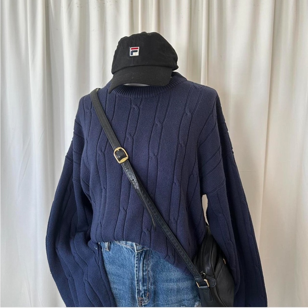 Navy Lord & Taylor Cotton cable knit fisherman’s sweater. - Picture 2 of 8